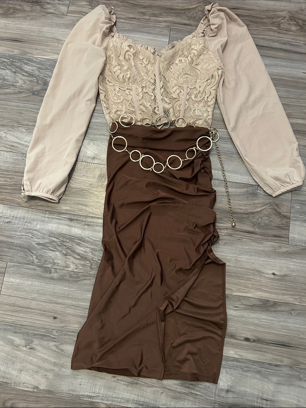 Lace Bodice Long Sleeve corset style shirt- brown skirt size M